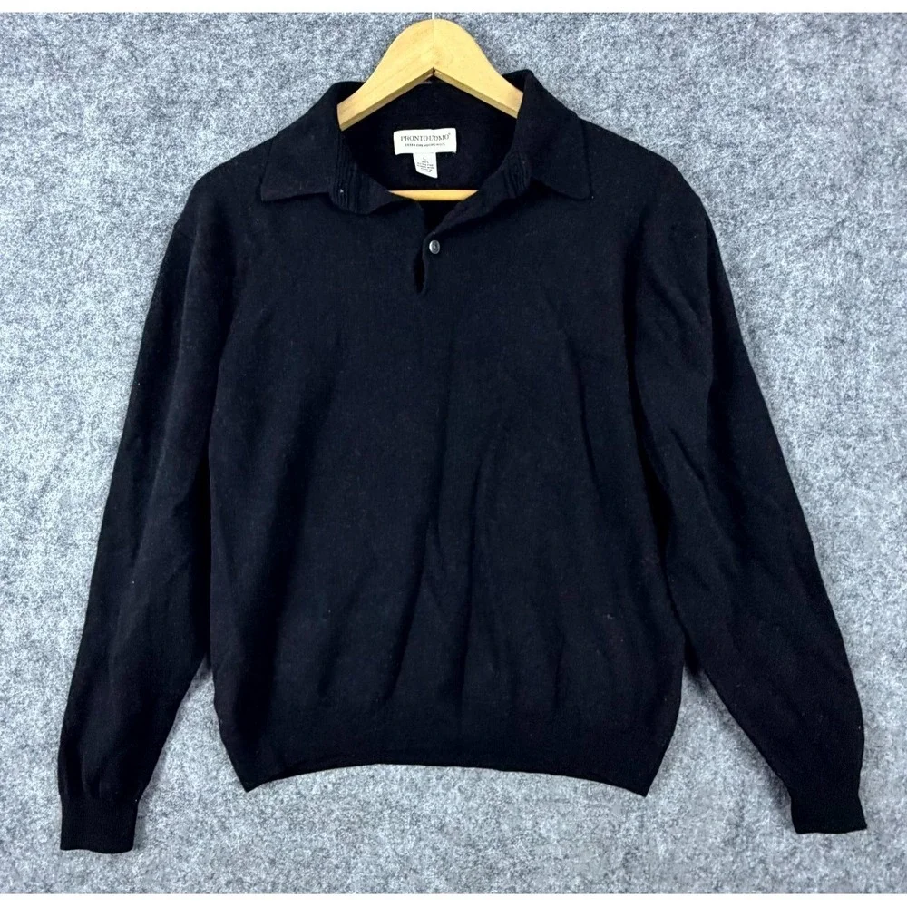 Pronto Uomo Sweater Mens Large Black Merino Wool Extra Fine Ribbed Golf Tennis